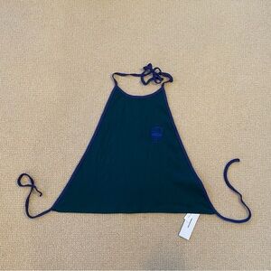 Dark Green Austin Texas Apron Tie Halter Top with Blue Trim 100% Organic Cotton